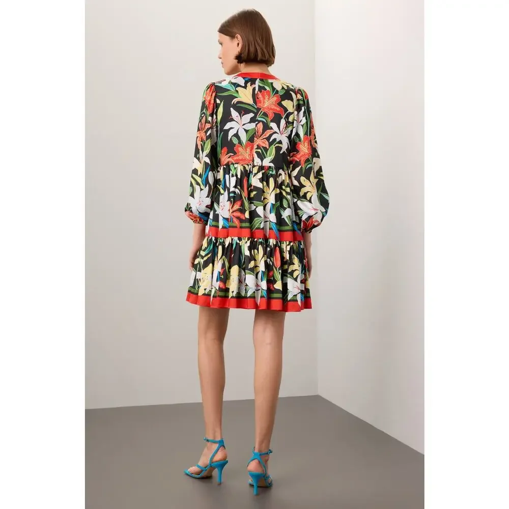 Kate Spade SzL Summer Lillies Floral Print Resortwear Vacation Long Sleeve Dress